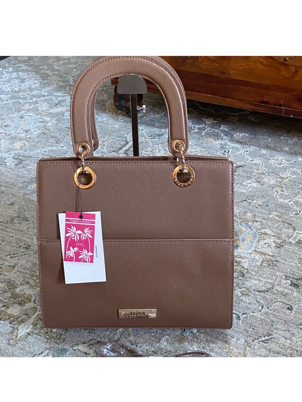 Trina Turk Khaki Structured Satchel with Gold Ring Hardware and Crossbody Strap